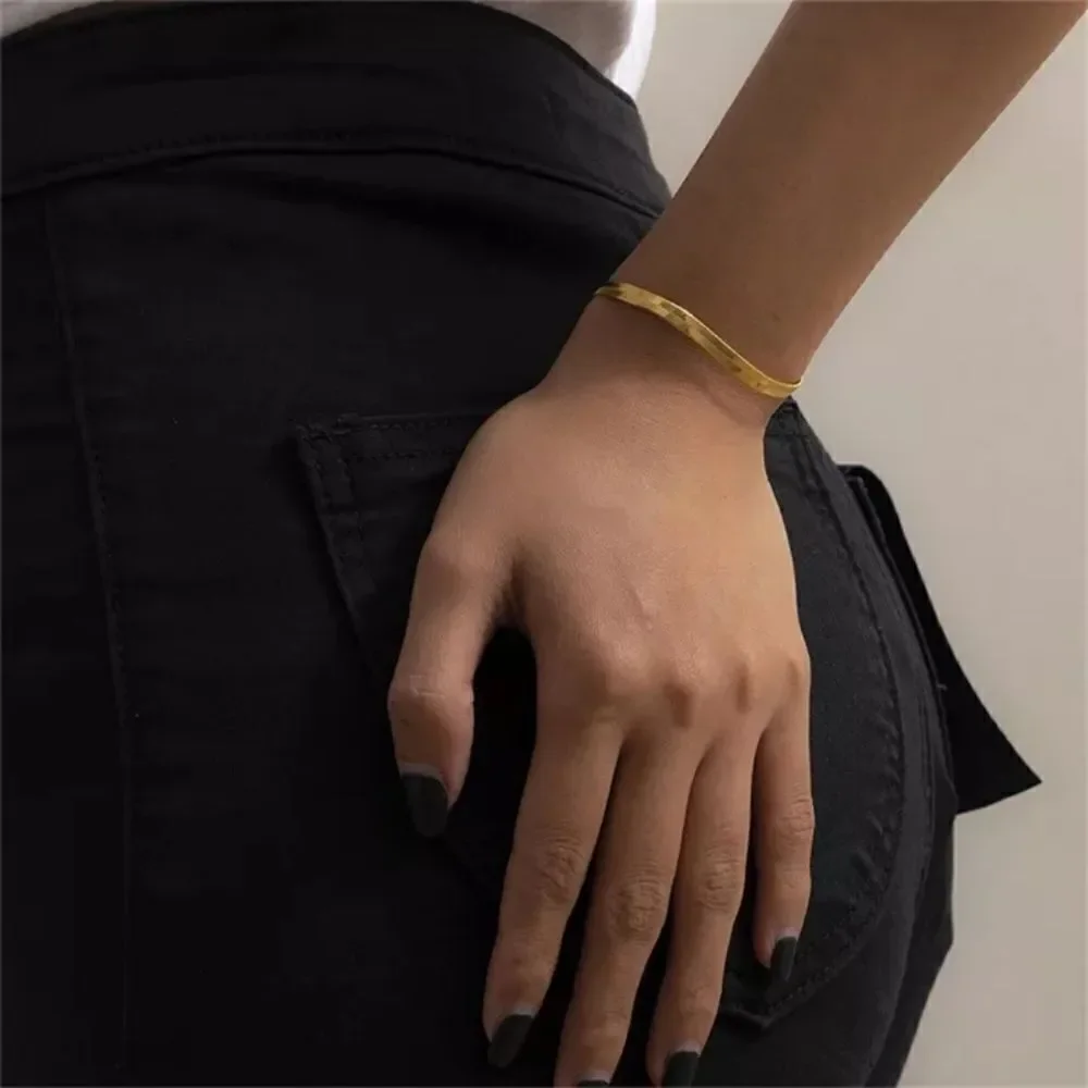 Gold Herringbone Flat Snake Chain Bracelet 4mm